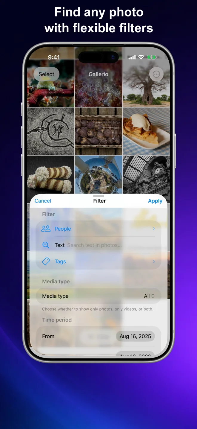 Gallerio filter view with options for people, text, tags, media type, and time period