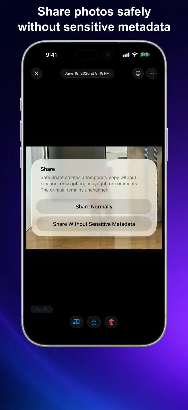 Safe Share dialog in Gallerio for sharing a photo without sensitive metadata