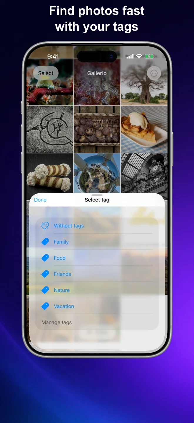 Gallerio tag picker with custom tags such as Family, Friends, Nature, and Vacation